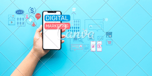 An image illustrating the idea of digital marketing through a mix of digital elements.