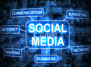 Digital backdrop with social media symbols, illustrating the concept of virtual interaction.