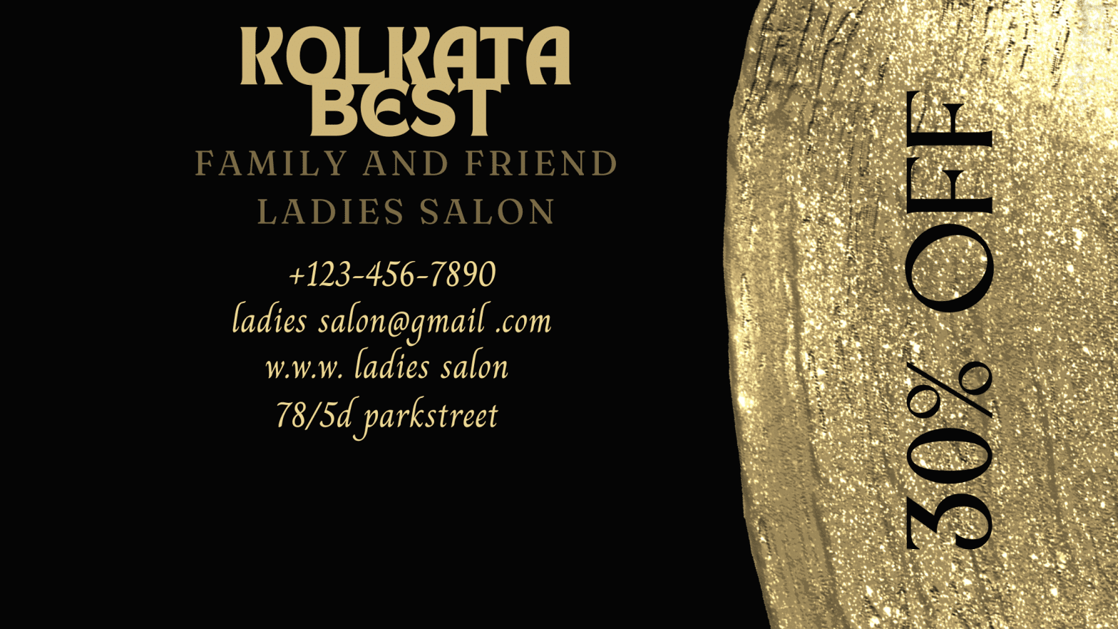 Gold and black flyer for Kolkata's top family and friend ladies salon.