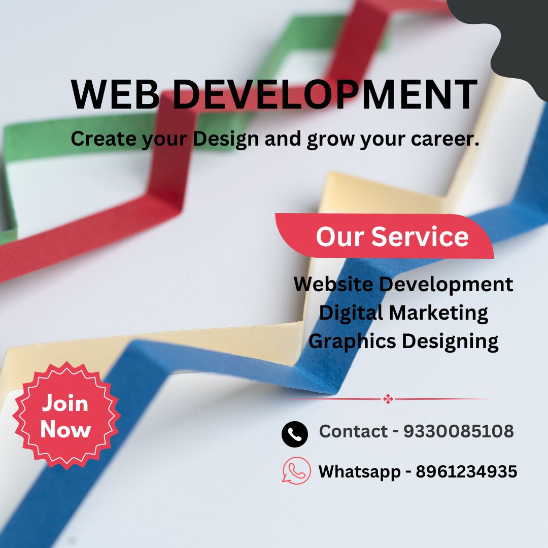 Advertisement for web development services including website development, digital marketing, and graphics designing. Contact numbers and WhatsApp are provided. A "Join Now" button is featured.